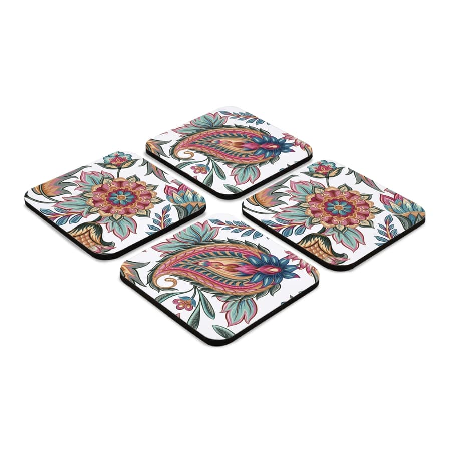 Oriental Paisley White 4 piece Coaster Set 3.75" x 3.75"