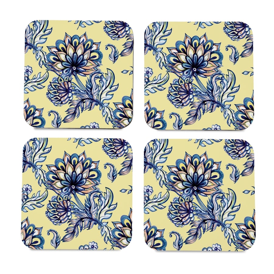 Batik Blue 4 piece Coaster Set 3.75" x 3.75"