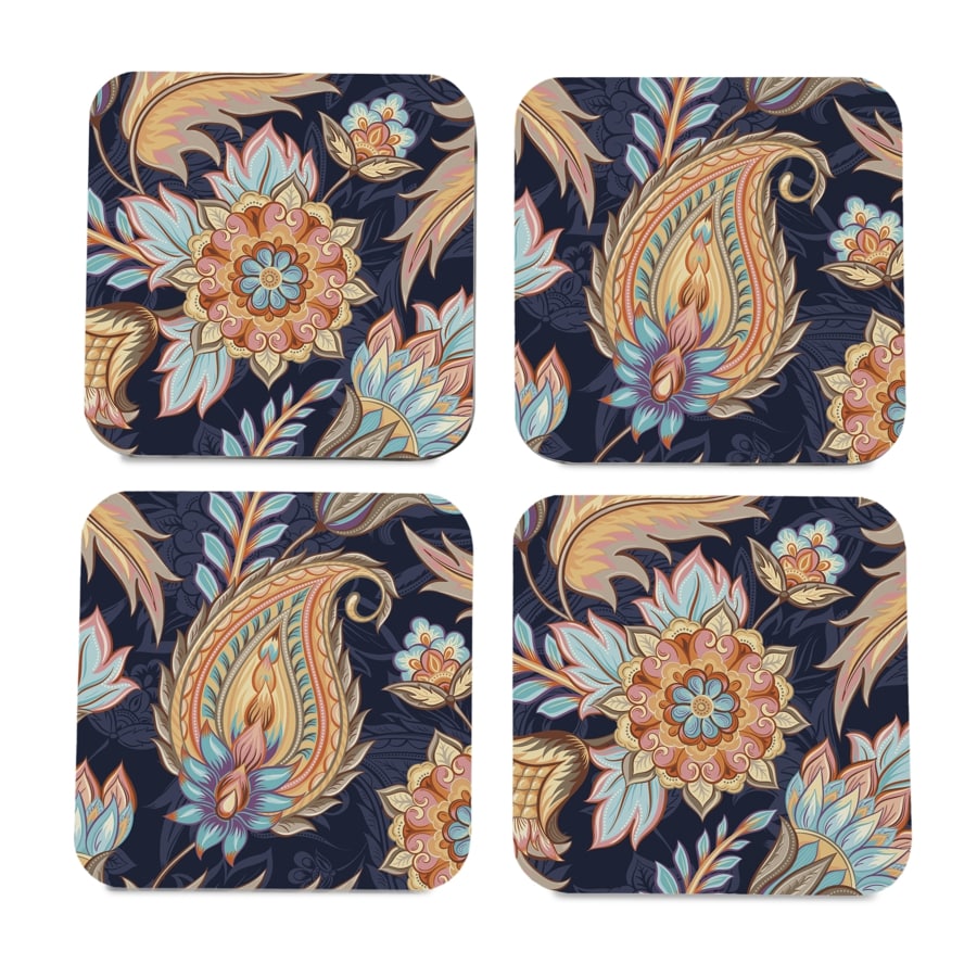 Oriental Paisley Navy 4 piece Coaster Set 3.75" x 3.75"