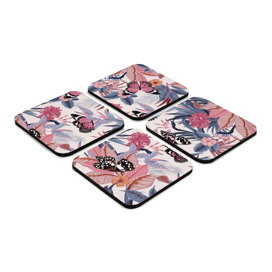 Grey Pink Butterflies 4 piece Coaster Set 3.75" x 3.75"