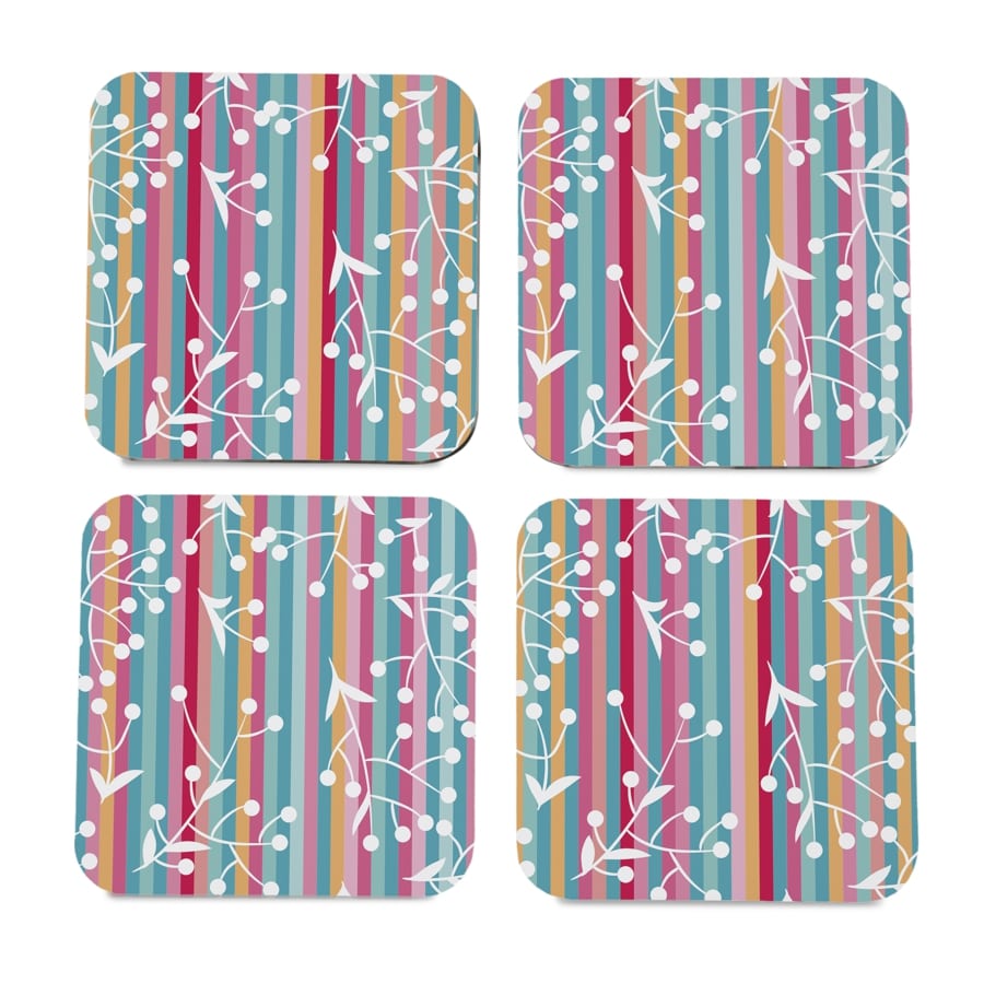 Floral Stripes 4 piece Coaster Set 3.75" x 3.75"