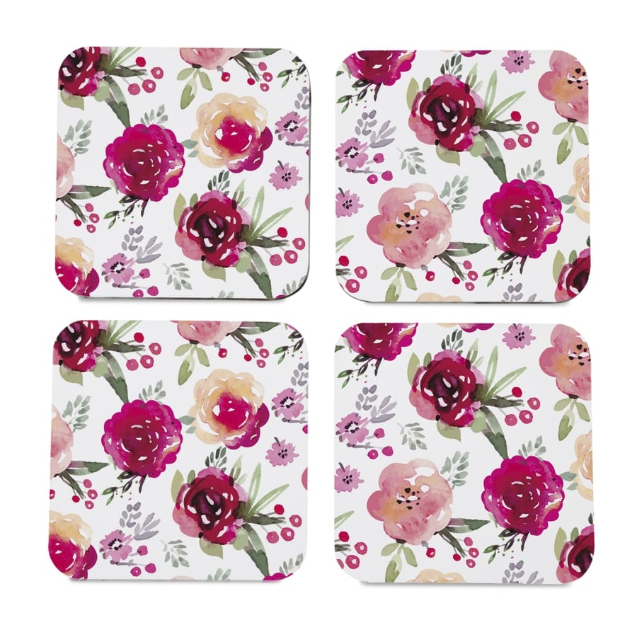 Pink Flowers 4 piece Coaster Set 3.75" x 3.75"