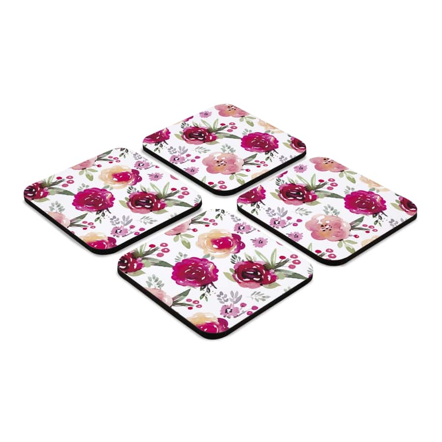 Pink Flowers 4 piece Coaster Set 3.75" x 3.75"