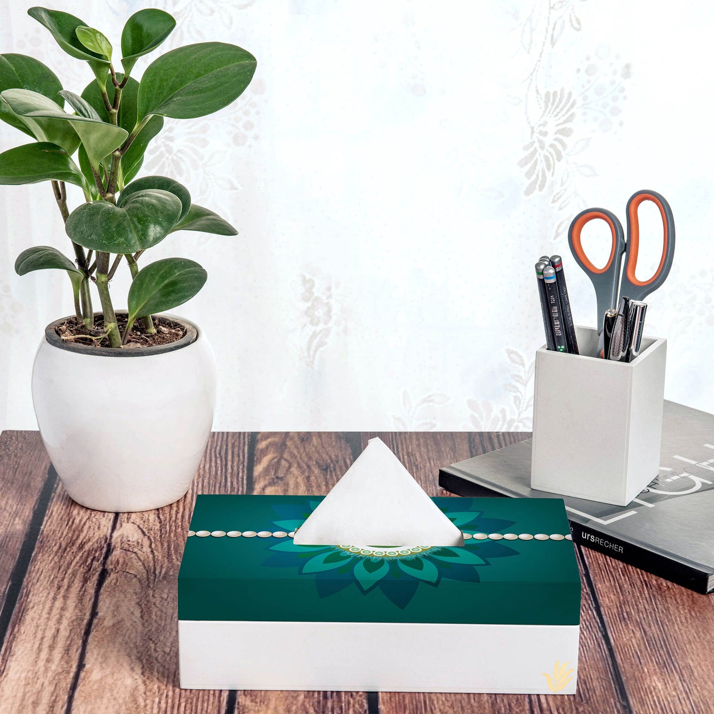 Rakhi Pearls Green Tissue Box 9" x 5" x 2.75" Ht. - Lifestyle Image