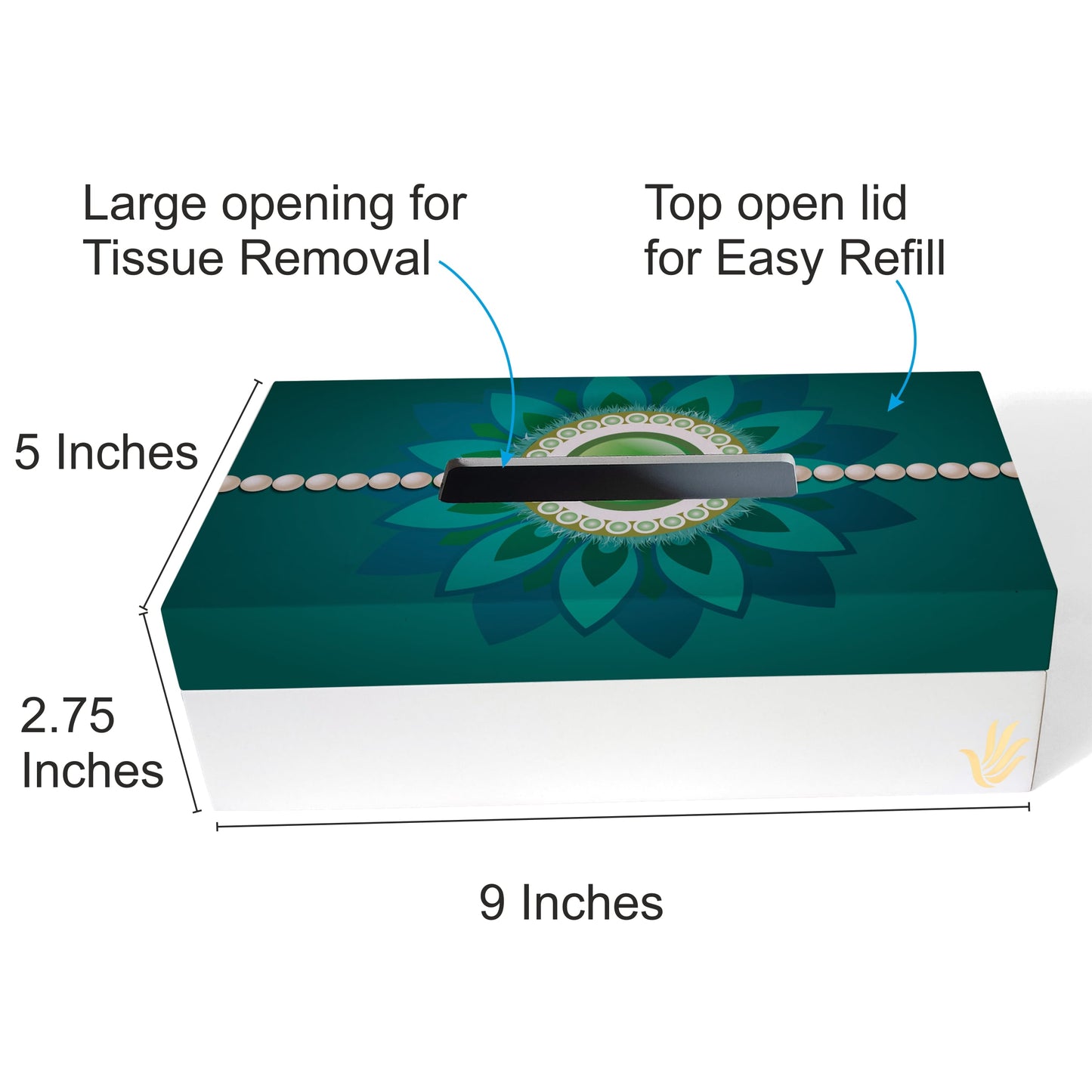 Rakhi Pearls Green Tissue Box 9" x 5" x 2.75" Ht. - Dimension Image