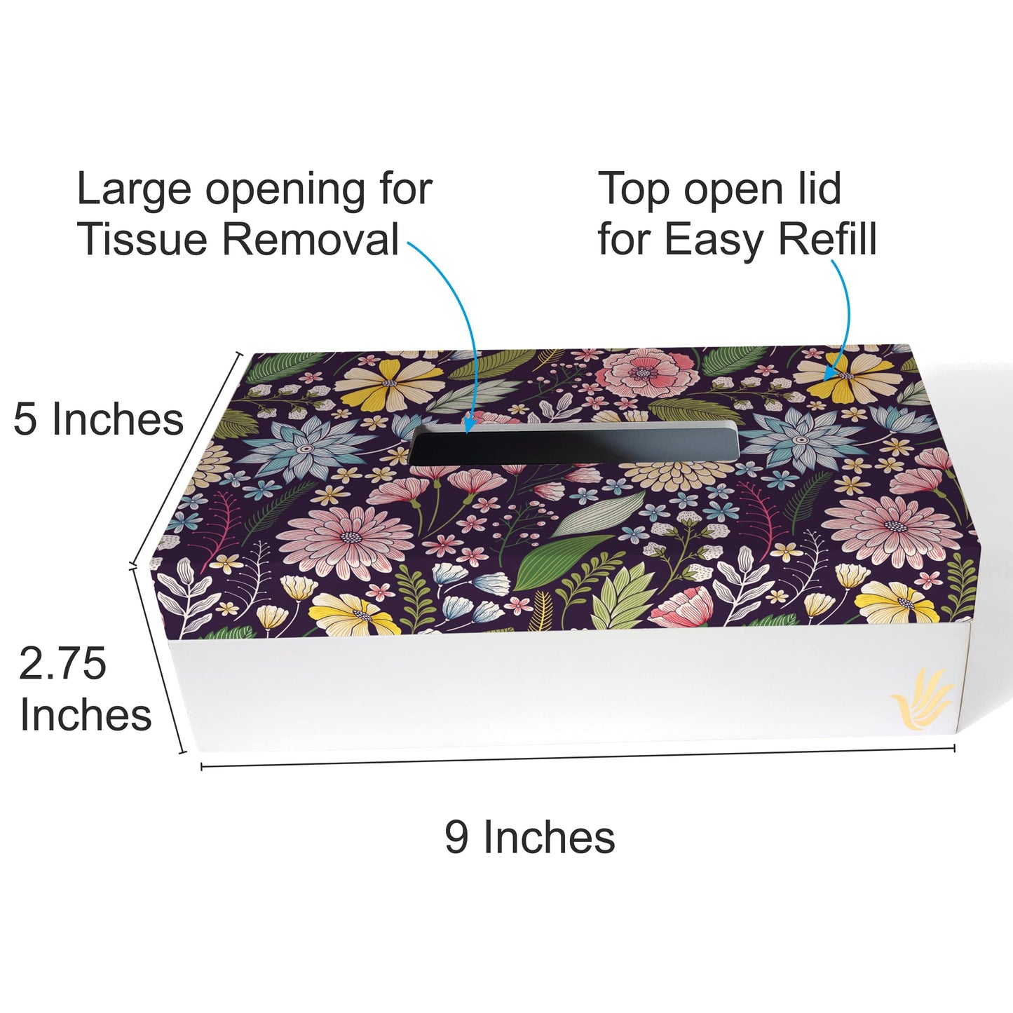 Floral Daisy Tissue Box 9" x 5" x 2.75" Ht. - Dimension Image