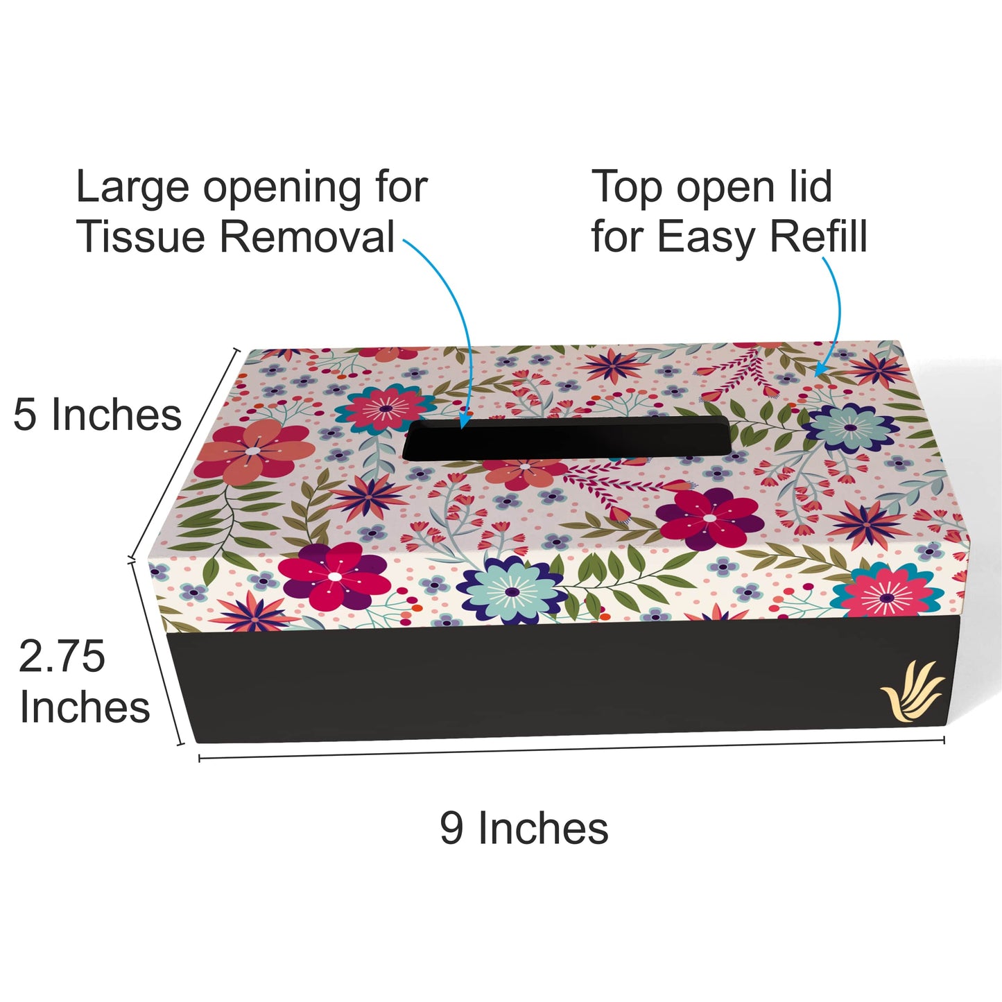 Teen Floral Tissue Box 9" x 5" x 2.75" Ht. - Dimension Image