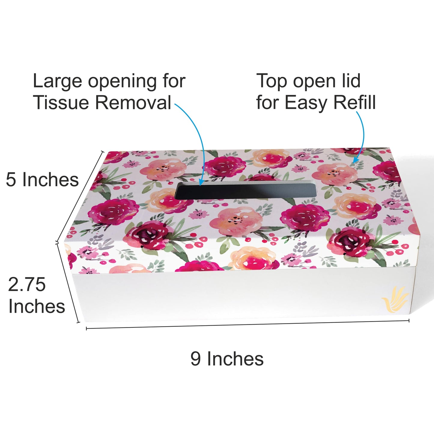 Pink Flowers Tissue Box 9" x 5" x 2.75" - Dimension Image
