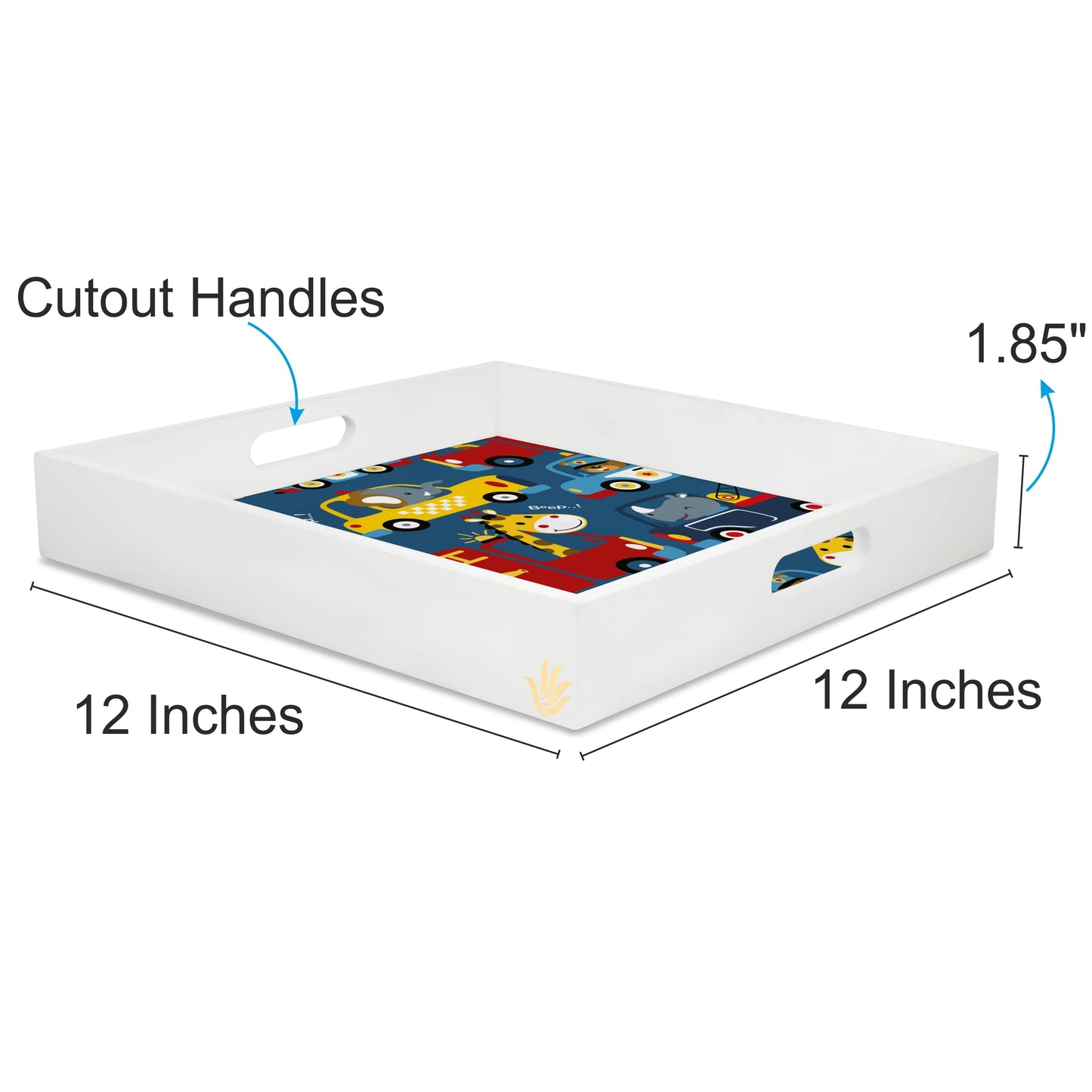 Animal Drivers Square Tray for Children 12" x 12" - Dimension Image