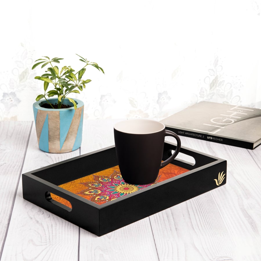 Orange Mandala Serving Tray with Cutout Handles (Wood) 8" x 12"