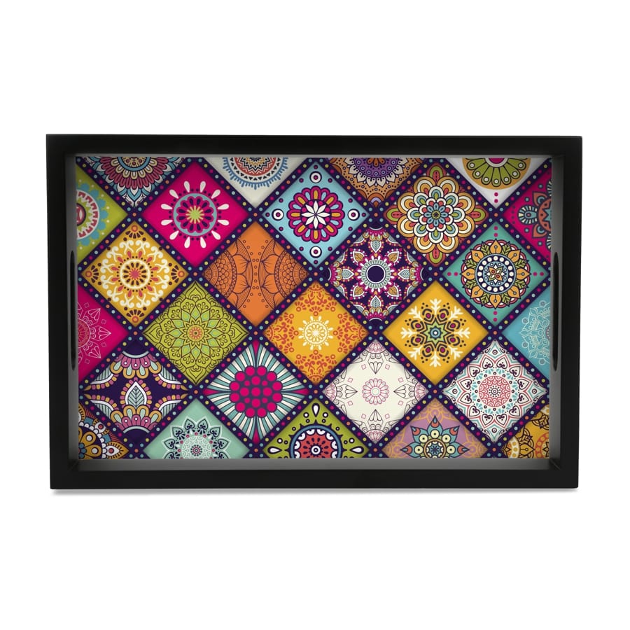 Multi Mandala Serving Tray with Cutout Handles (Wood) 8" x 12"
