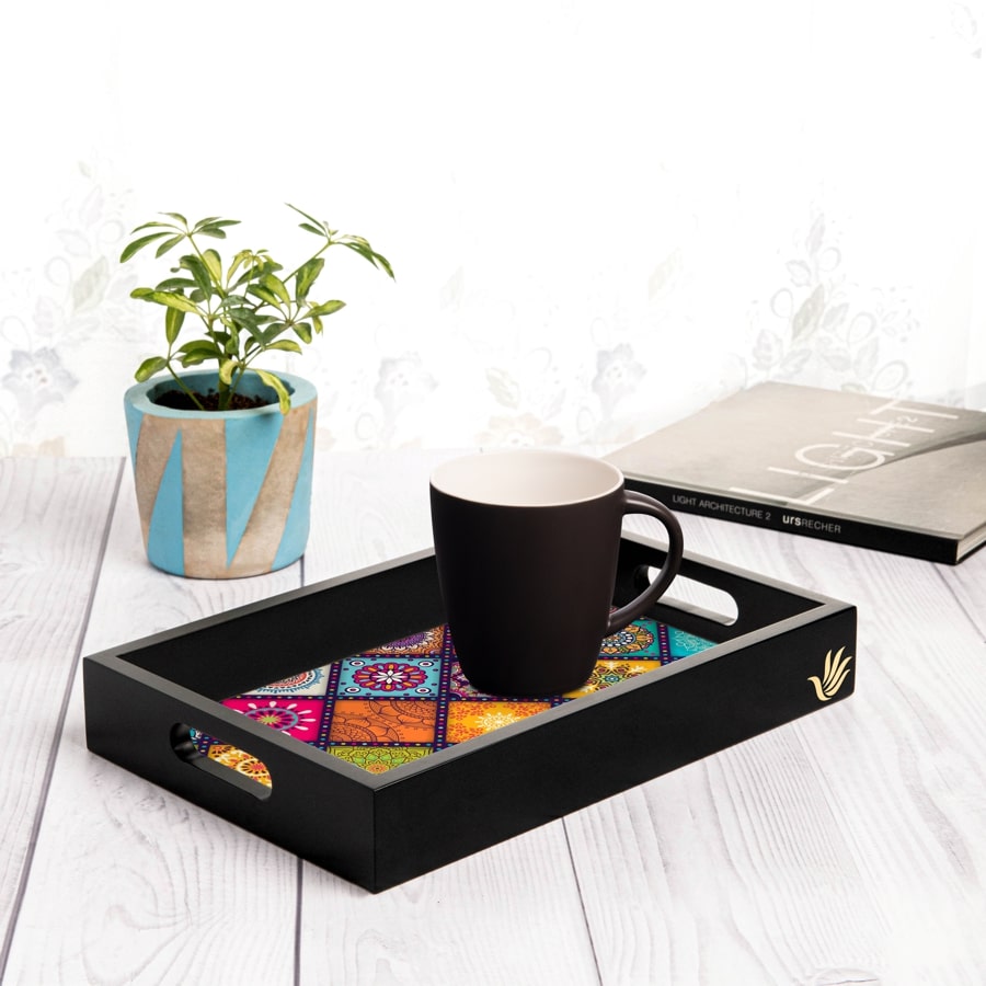 Multi Mandala Serving Tray with Cutout Handles (Wood) 8" x 12"