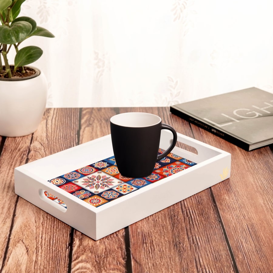 Floral Tiles Serving Tray with Cutout Handles (Wood) 8" x 12"