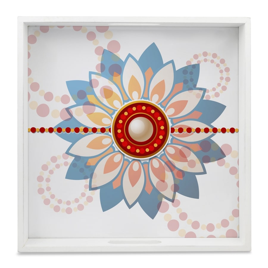 Rakhee Blue Serving Tray with Cutout Handles (Wood) 12" x 12"