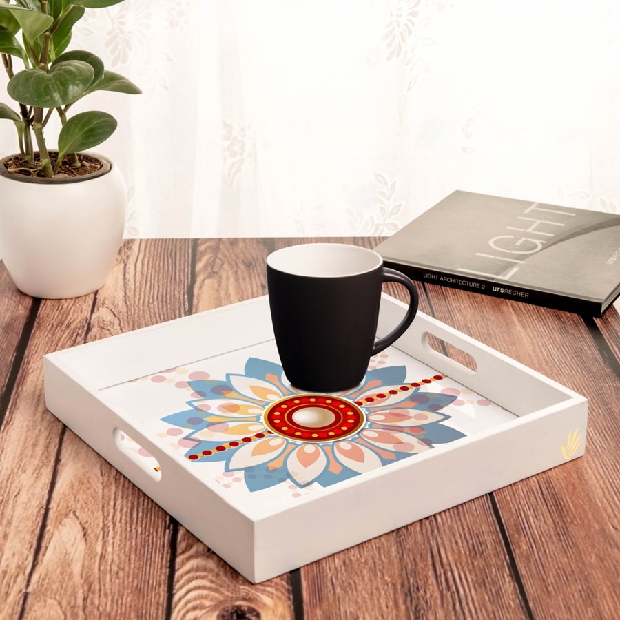 Rakhee Blue Serving Tray with Cutout Handles (Wood) 12" x 12"