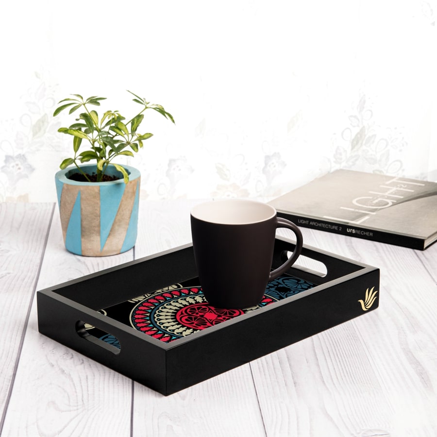 Black Mandala Serving Tray with Cutout Handles (Wood) 8" x 12"