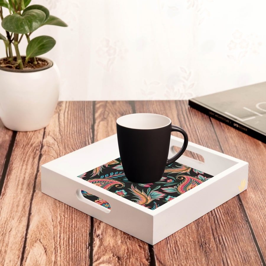 Oriental Paisley Black Serving Tray with Cutout Handles (Wood) 9" x 9"