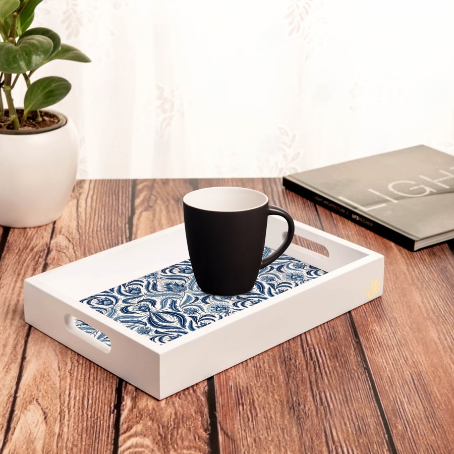 Liena Blue Serving Tray with Cutout Handles (Wood) 8" x 12"