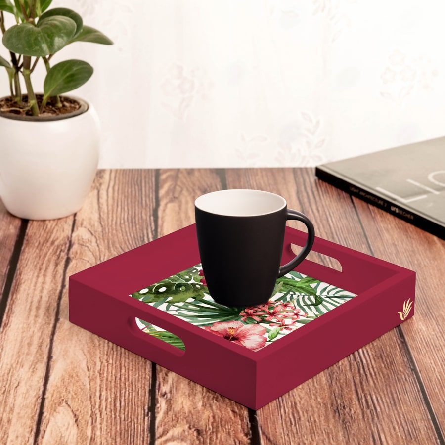Tropical Hibiscus-R Serving Tray with Cutout Handles (Wood) 9" x 9"