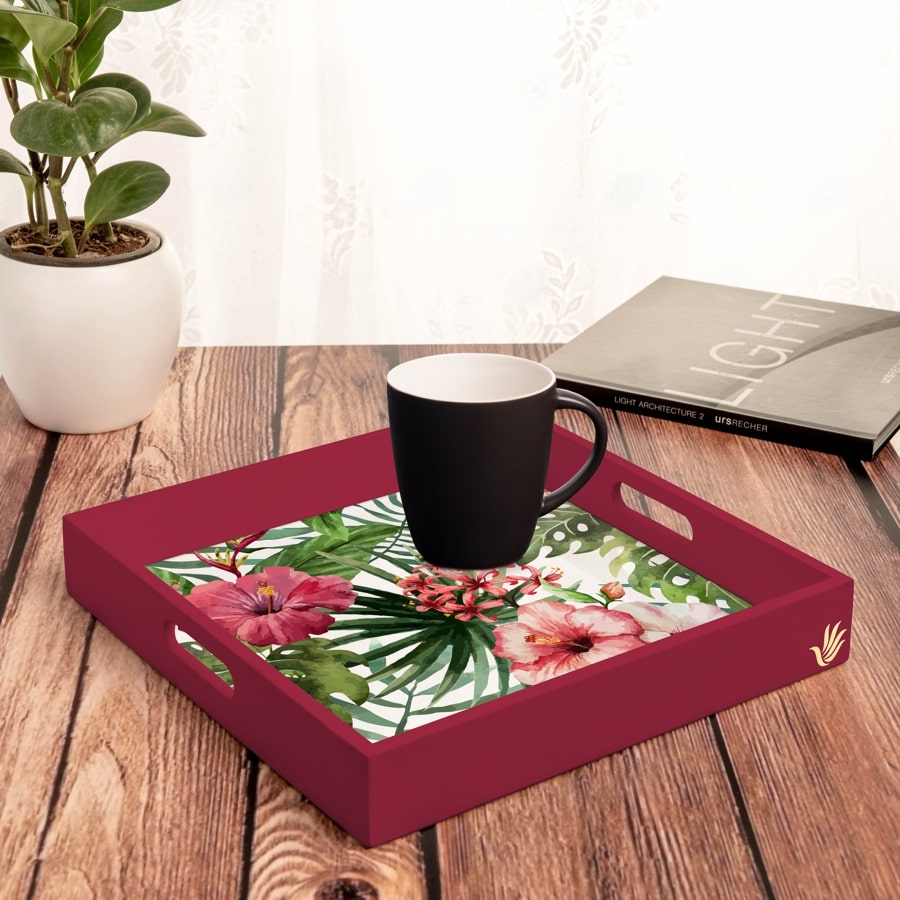 Tropical Hibiscus-R Serving Tray with Cutout Handles (Wood) 12" x 12"