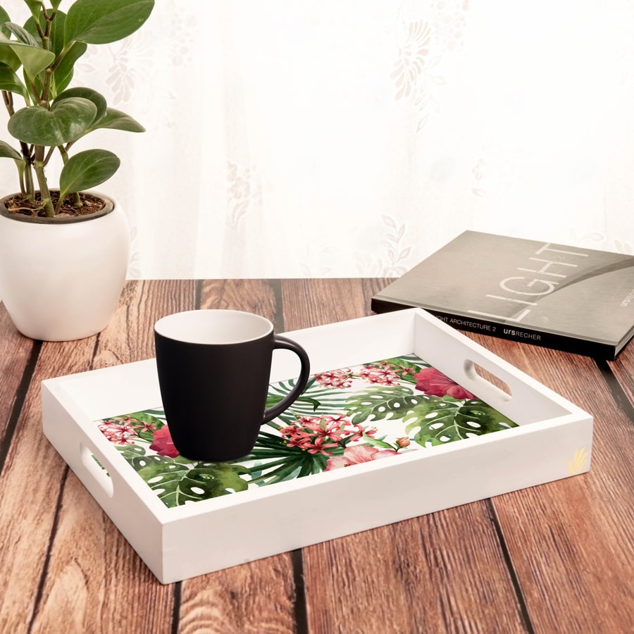 Tropical Hibiscus-W Serving Tray with Cutout Handles (Wood) 10" x 14"