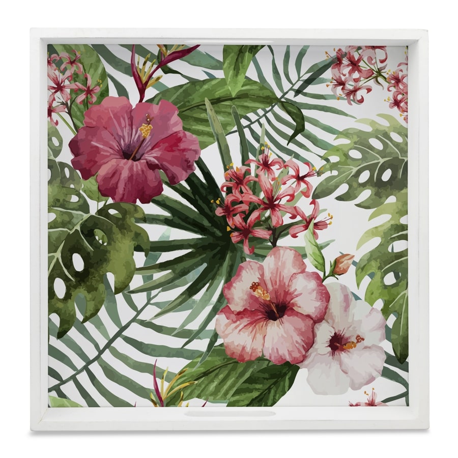 Tropical Hibiscus-W Serving Tray with Cutout Handles (Wood) 12" x 12"
