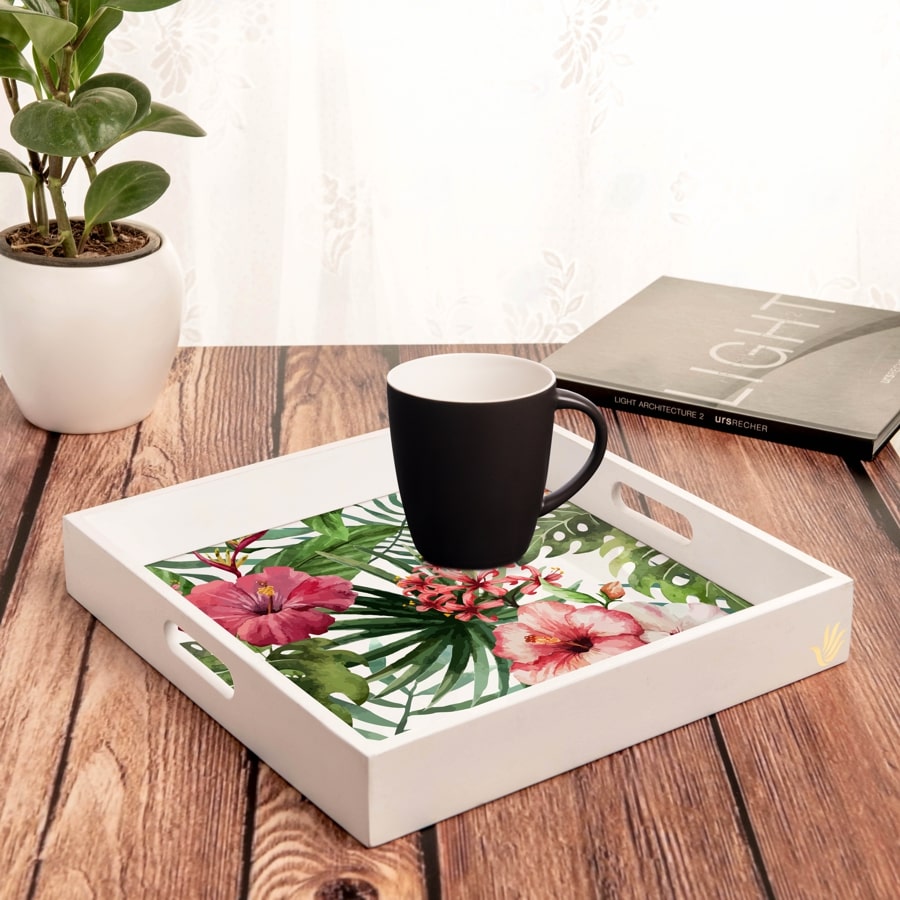Tropical Hibiscus-W Serving Tray with Cutout Handles (Wood) 12" x 12"