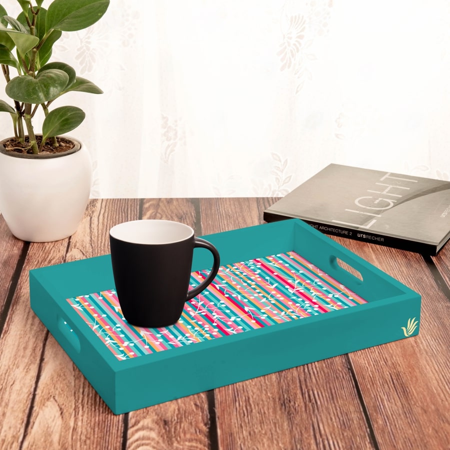 Floral Stripes-T Serving Tray with Cutout Handles (Wood) 10" x 14"
