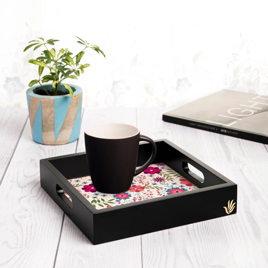 Teen Floral Serving Tray with Cutout Handles (Wood) 9" x 9"