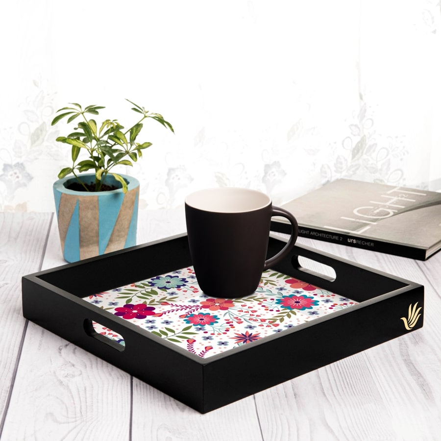 Teen Floral Serving Tray with Cutout Handles (Wood) 12" x 12"