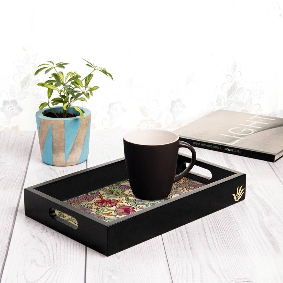 Ornate Floral Serving Tray with Cutout Handles (Wood) 8" x 12"