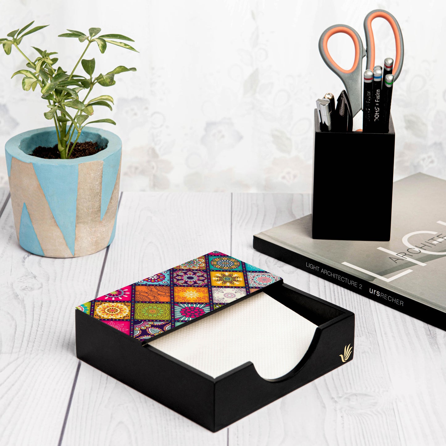 Multi Mandala Tissue Holder 6" x 6" x 1.5" Ht. - Lifestyle Image