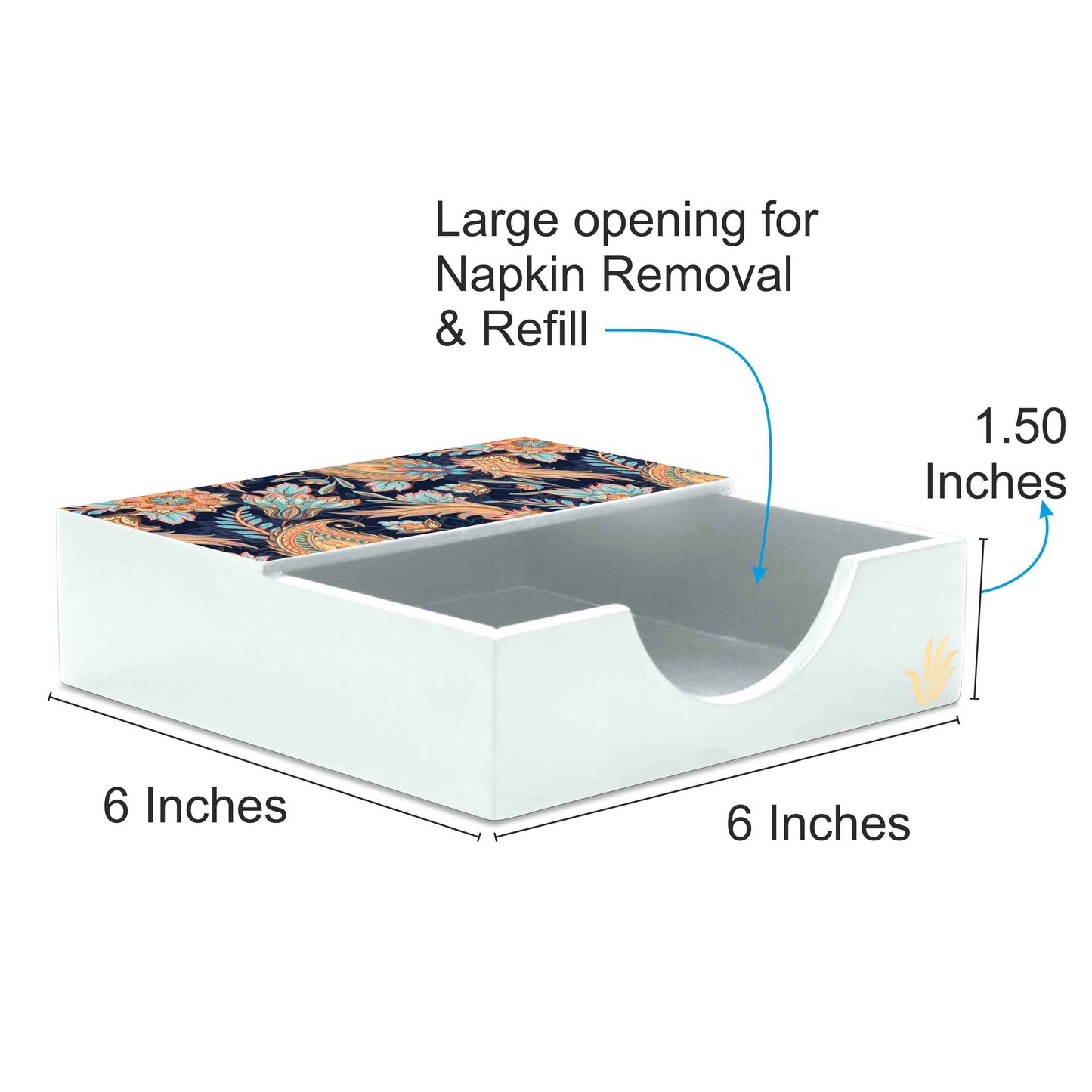 Oriental Paisley Navy Tissue Holder 6" x 6" x 1.5" Ht. - Dimension Image