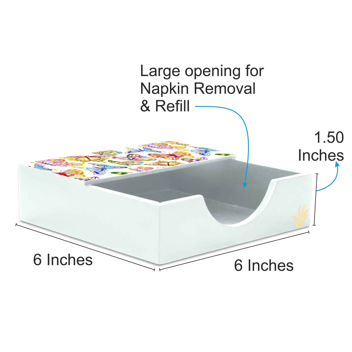 Watercolour Butterflies W Tissue Holder 6" x 6" x 1.5" Ht. - Dimension Image