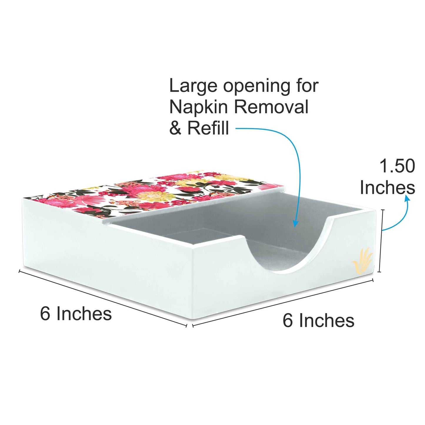 Ava Floral W Tissue Holder 6" x 6" x 1.5" Ht. - Dimension Image Image