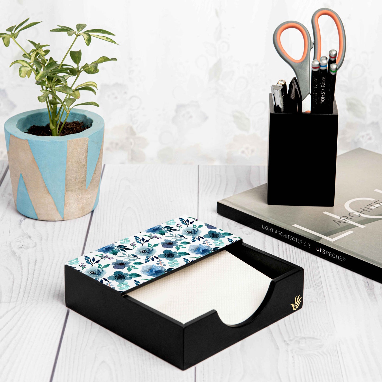 Indigo Flowers Tissue Holder 6" x 6" x 1.5" Ht. - Lifestyle Image