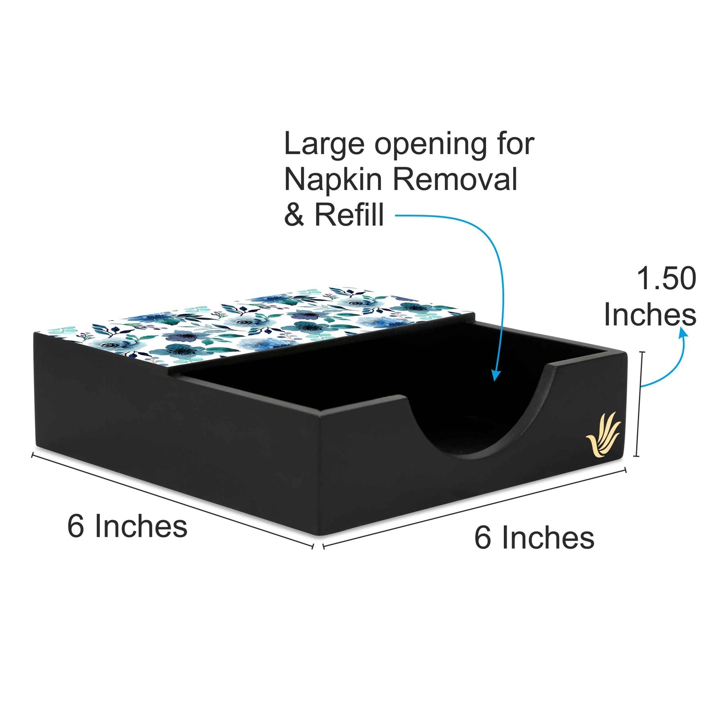 Indigo Flowers Tissue Holder 6" x 6" x 1.5" Ht. - Dimension Image