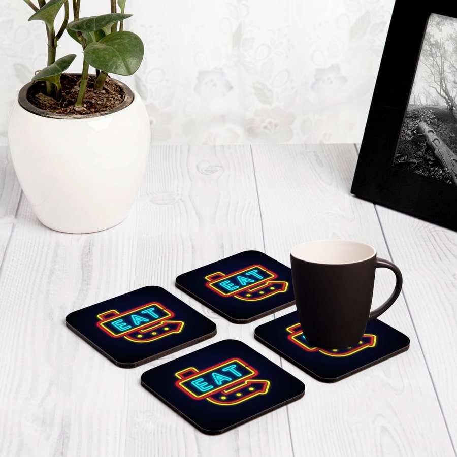 Neon Eat 4 piece Coaster Set 3.75" x 3.75"