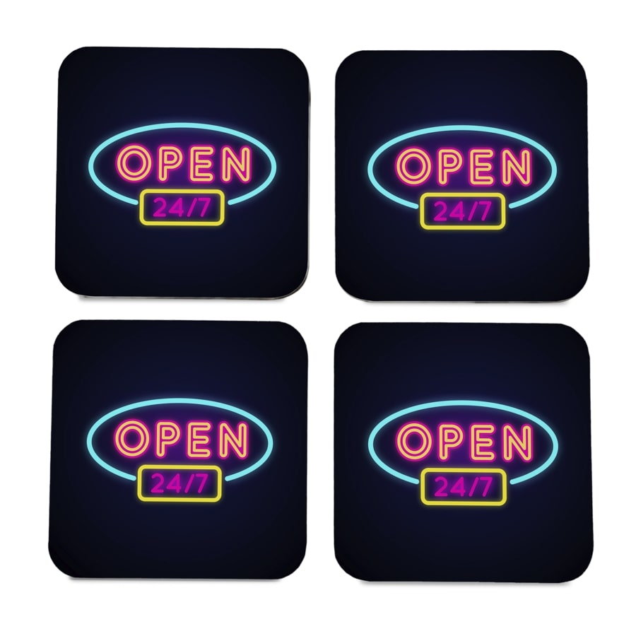 Neon Open 247 4 piece Coaster Set 3.75" x 3.75"