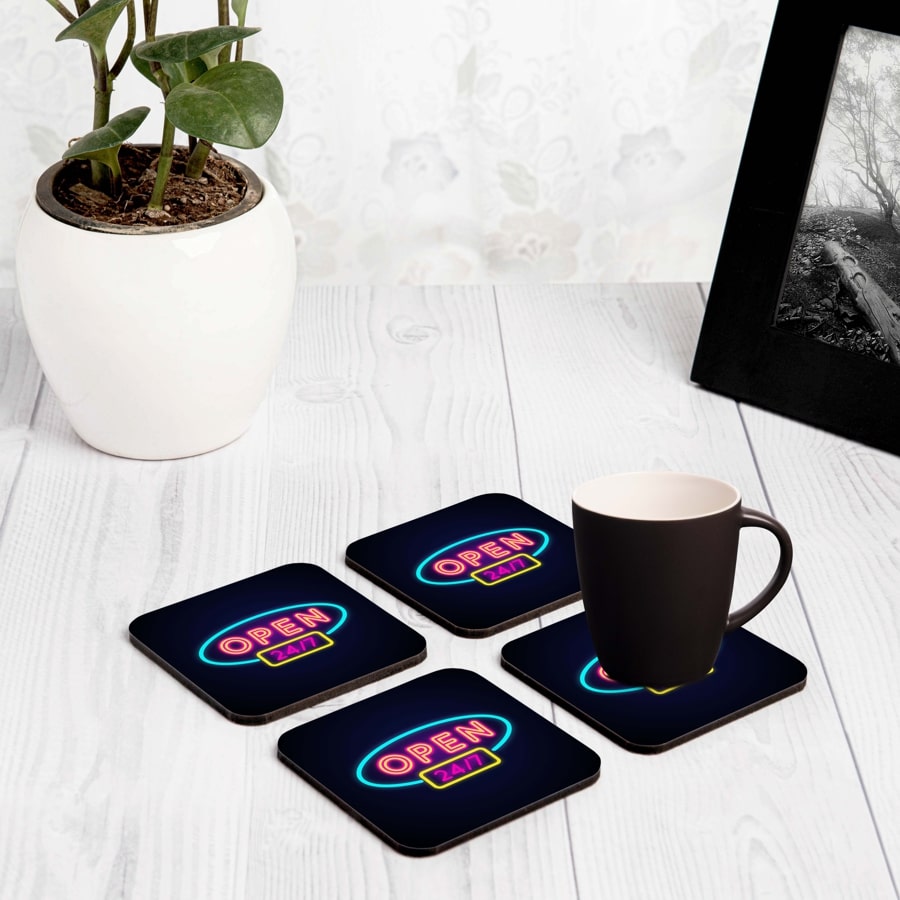 Neon Open 247 4 piece Coaster Set 3.75" x 3.75"
