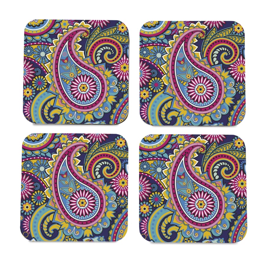 Blue Paisley 4 piece Coaster Set 3.75" x 3.75"