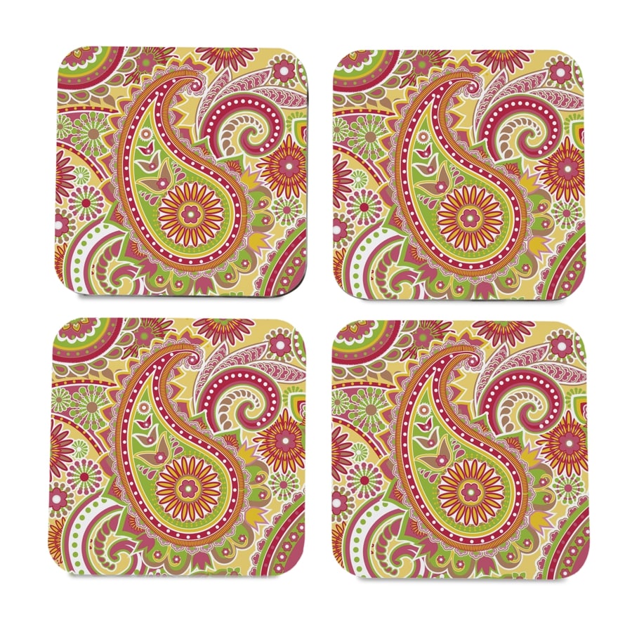 Yellow Paisley 4 piece Coaster Set 3.75" x 3.75"