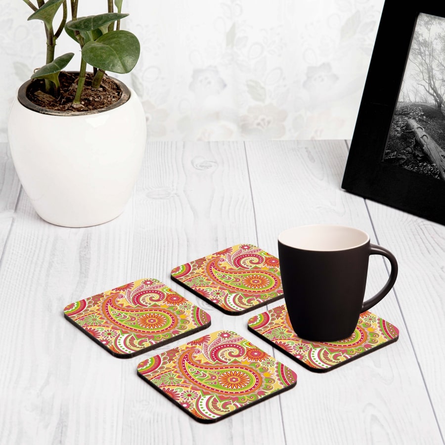 Yellow Paisley 4 piece Coaster Set 3.75" x 3.75"