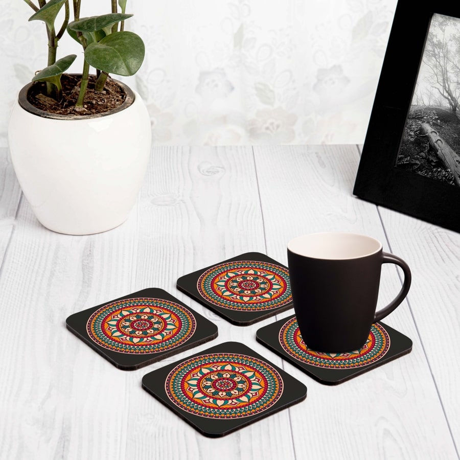 Red Mandala 4 piece Coaster Set 3.75" x 3.75"