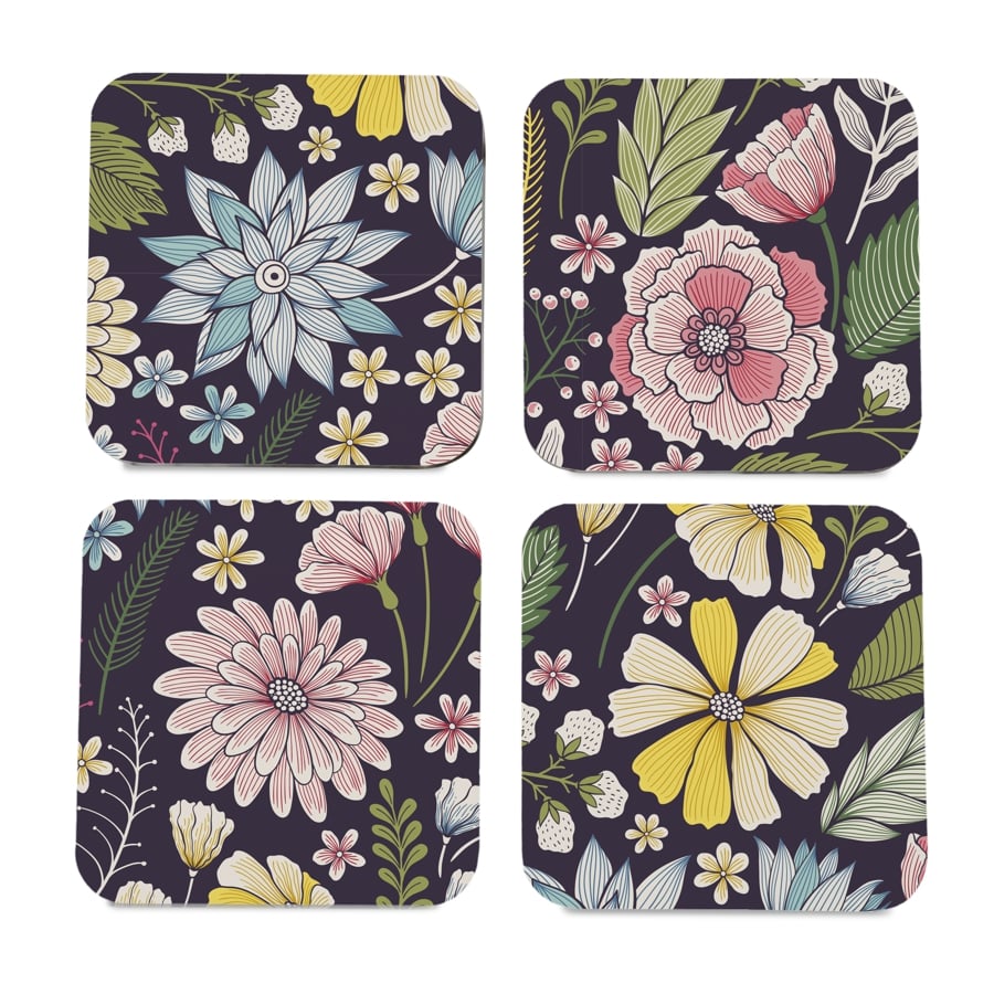 Floral Daisy 4 piece Coaster Set 3.75" x 3.75"
