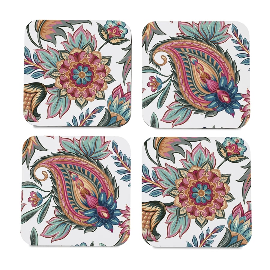 Oriental Paisley White 4 piece Coaster Set 3.75" x 3.75"