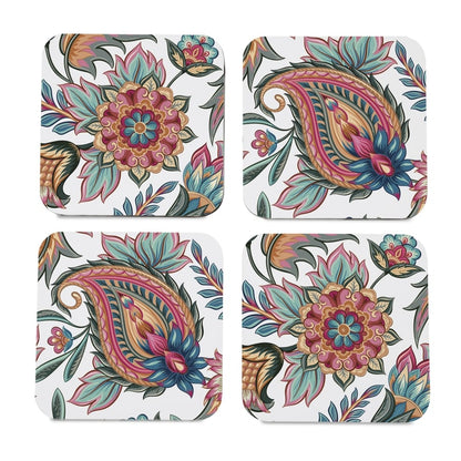 Oriental Paisley White 4 piece Coaster Set 3.75" x 3.75"