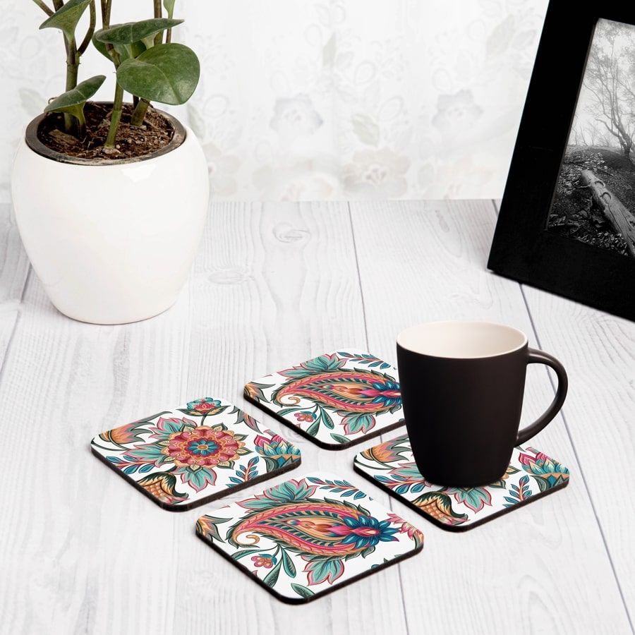 Oriental Paisley White 4 piece Coaster Set 3.75" x 3.75"