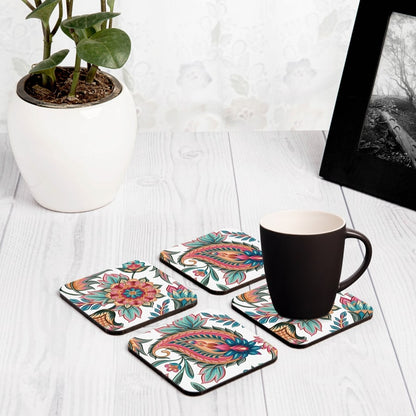 Oriental Paisley White 4 piece Coaster Set 3.75" x 3.75"