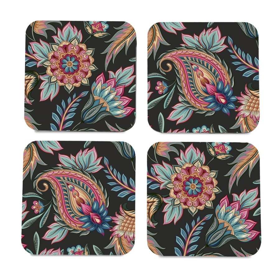 Oriental Paisley Black 4 piece Coaster Set 3.75" x 3.75"